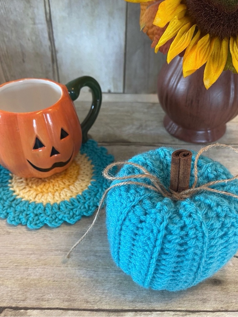 Bundle of Two - 4 In. Crocheted Fall/Halloween Turquoise Pumpkin & Coaster